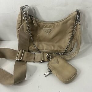 Prada Beige Nylon Shoulder Bag with Chain Strap
